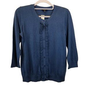 NWT Talbots Petites Size M Cardigan 3/4 Sleeve Navy Cotton Blend Ruffle Front